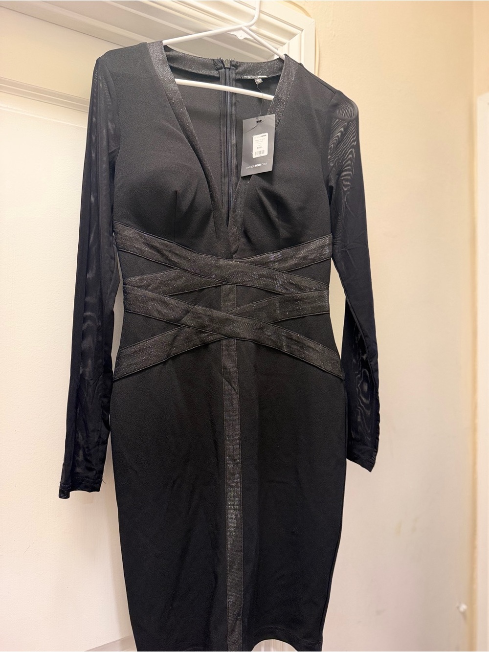 Fashion Nova Black Long Sleeve Mesh-Accent Sheath Dress